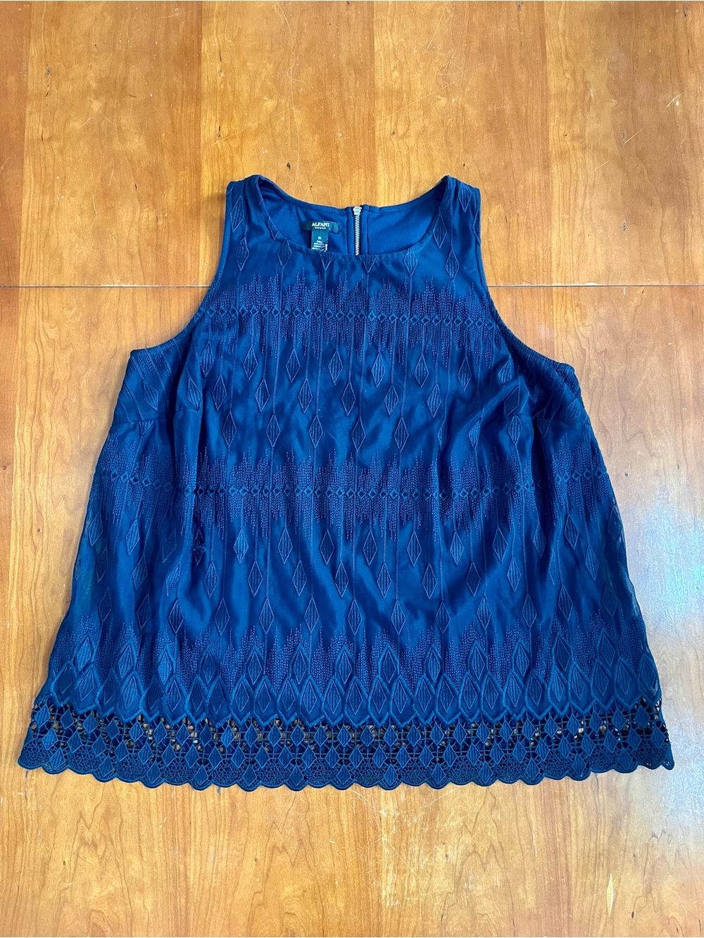 Alfani Navy Sleeveless Embroidered Top with Scalloped Lace Trim. Nouveau Fleur.